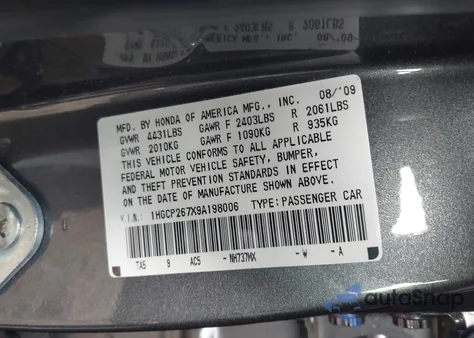 2009 Honda Accord 2.4 Ex from USA, damaged, VIN 1HGCP267X9A198006